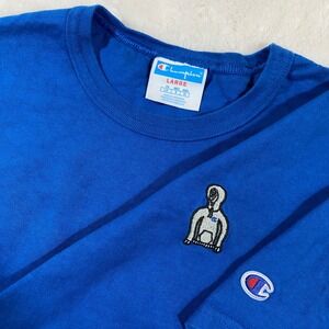 Y2K Champion Mens Blue Graphic Logo T-Shirt Short Sleeve Crew Neck Mens Large